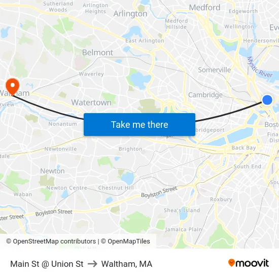Main St @ Union St to Waltham, MA map