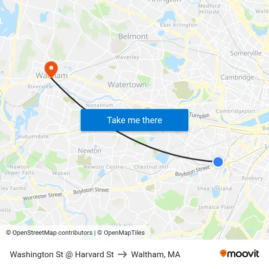 Washington St @ Harvard St to Waltham, MA map