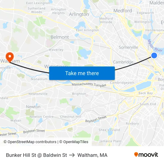 Bunker Hill St @ Baldwin St to Waltham, MA map