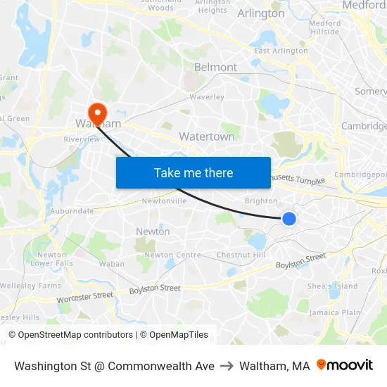Washington St @ Commonwealth Ave to Waltham, MA map