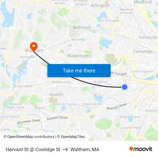 Harvard St @ Coolidge St to Waltham, MA map
