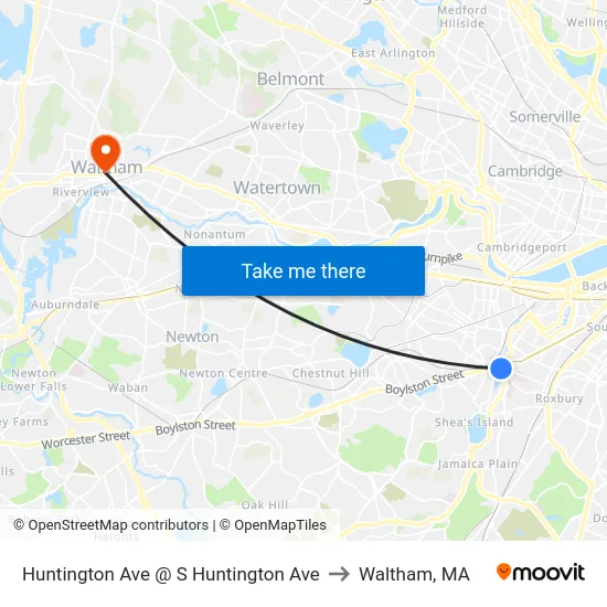 Huntington Ave @ S Huntington Ave to Waltham, MA map