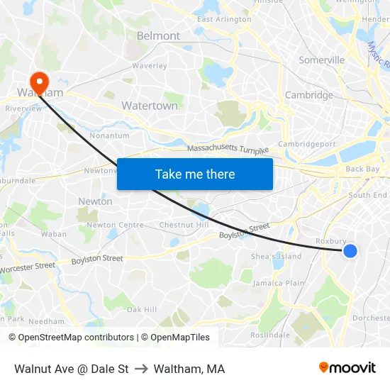 Walnut Ave @ Dale St to Waltham, MA map