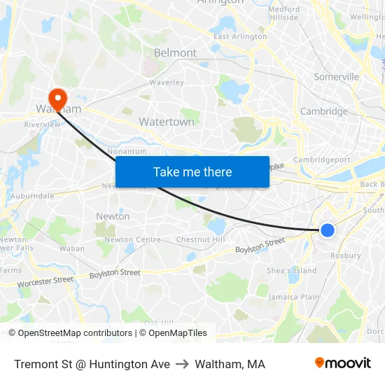 Tremont St @ Huntington Ave to Waltham, MA map