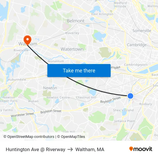 Huntington Ave @ Riverway to Waltham, MA map