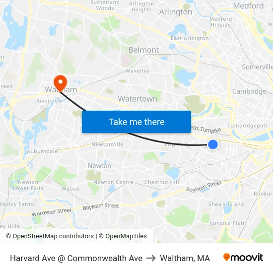 Harvard Ave @ Commonwealth Ave to Waltham, MA map