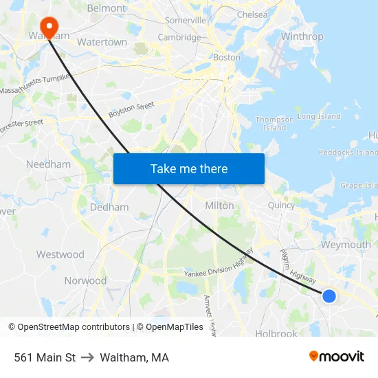 561 Main St to Waltham, MA map
