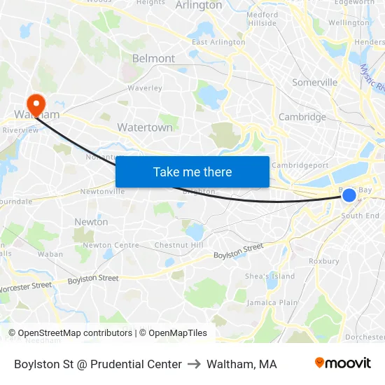 Boylston St @ Prudential Center to Waltham, MA map