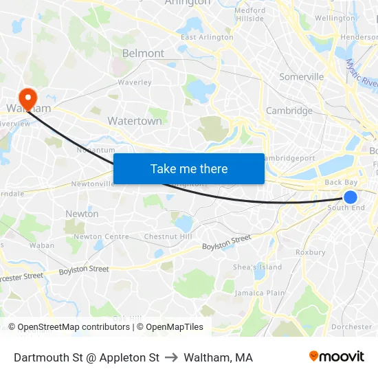 Dartmouth St @ Appleton St to Waltham, MA map