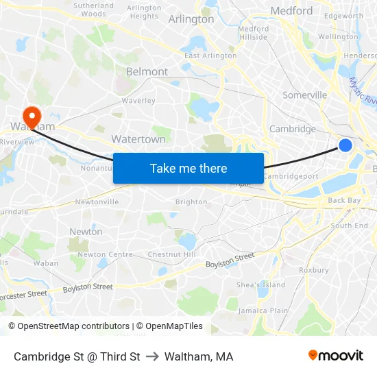 Cambridge St @ Third St to Waltham, MA map