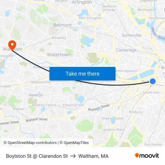 Boylston St @ Clarendon St to Waltham, MA map
