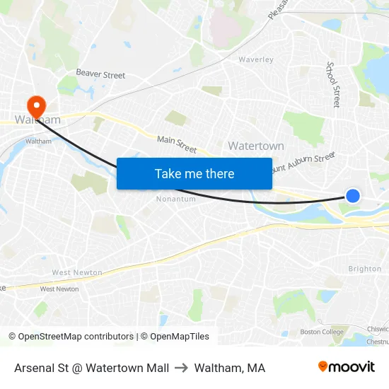 Arsenal St @ Watertown Mall to Waltham, MA map