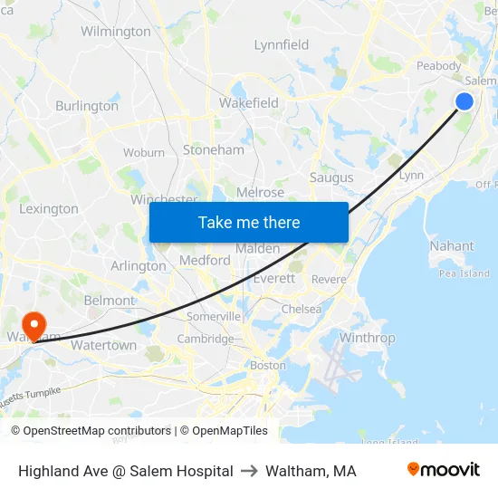 Highland Ave @ Salem Hospital to Waltham, MA map