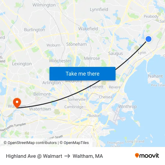 Highland Ave @ Walmart to Waltham, MA map