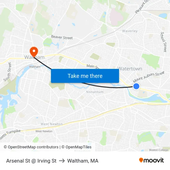 Arsenal St @ Irving St to Waltham, MA map