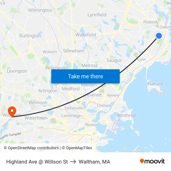 Highland Ave @ Willson St to Waltham, MA map