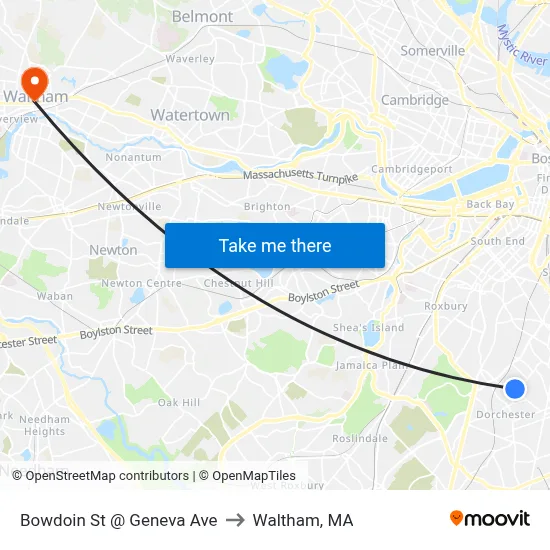 Bowdoin St @ Geneva Ave to Waltham, MA map