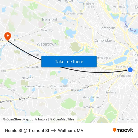 Herald St @ Tremont St to Waltham, MA map