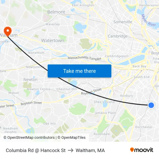 Columbia Rd @ Hancock St to Waltham, MA map