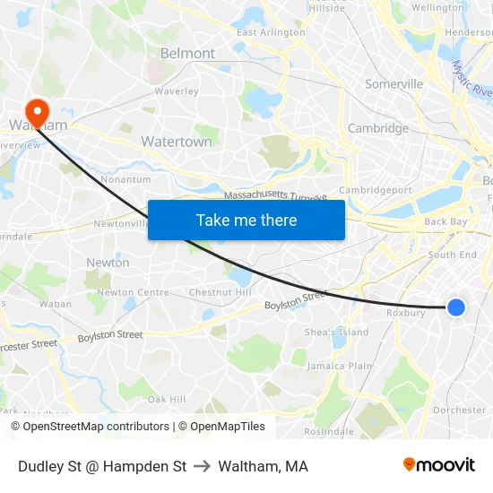 Dudley St @ Hampden St to Waltham, MA map