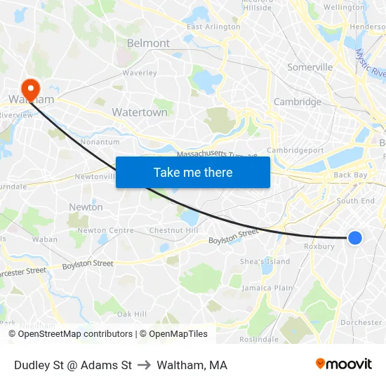 Dudley St @ Adams St to Waltham, MA map