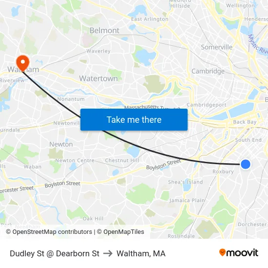 Dudley St @ Dearborn St to Waltham, MA map