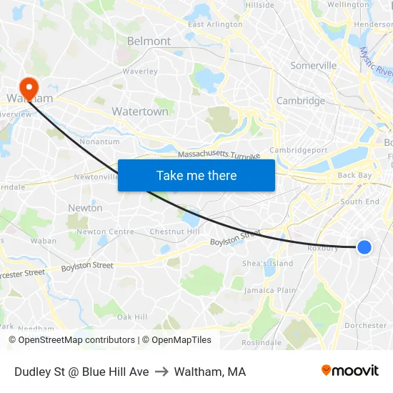 Dudley St @ Blue Hill Ave to Waltham, MA map