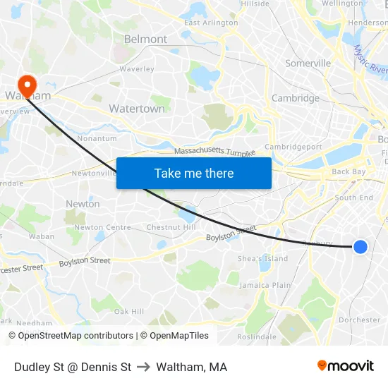 Dudley St @ Dennis St to Waltham, MA map