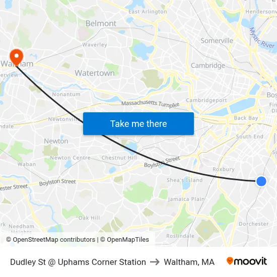Dudley St @ Uphams Corner Station to Waltham, MA map