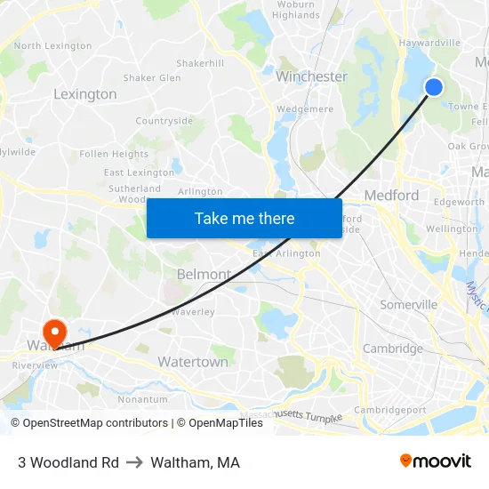 3 Woodland Rd to Waltham, MA map