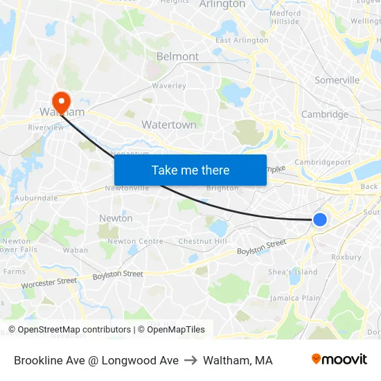 Brookline Ave @ Longwood Ave to Waltham, MA map