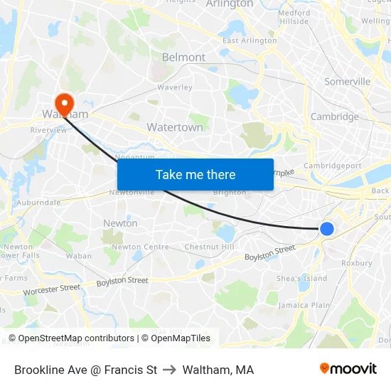 Brookline Ave @ Francis St to Waltham, MA map