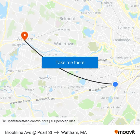 Brookline Ave @ Pearl St to Waltham, MA map