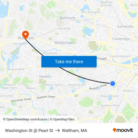Washington St @ Pearl St to Waltham, MA map