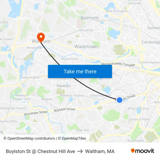 Boylston St @ Chestnut Hill Ave to Waltham, MA map