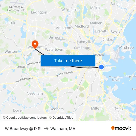 W Broadway @ D St to Waltham, MA map