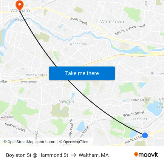 Boylston St @ Hammond St to Waltham, MA map