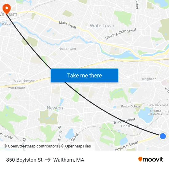 850 Boylston St to Waltham, MA map