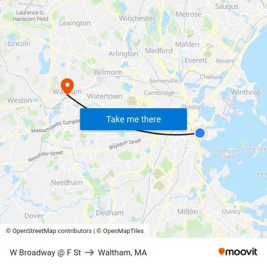 W Broadway @ F St to Waltham, MA map