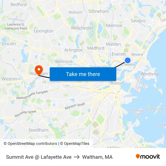 Summit Ave @ Lafayette Ave to Waltham, MA map