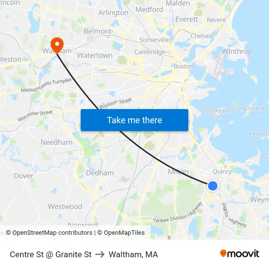 Centre St @ Granite St to Waltham, MA map