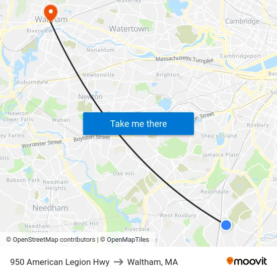 950 American Legion Hwy to Waltham, MA map