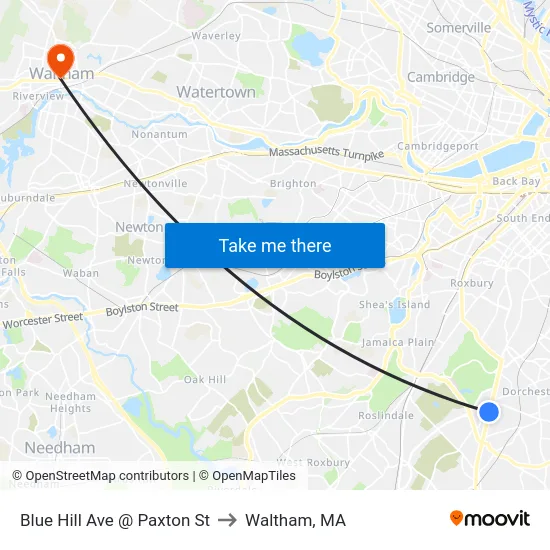Blue Hill Ave @ Paxton St to Waltham, MA map