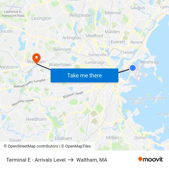 Terminal E - Arrivals Level to Waltham, MA map