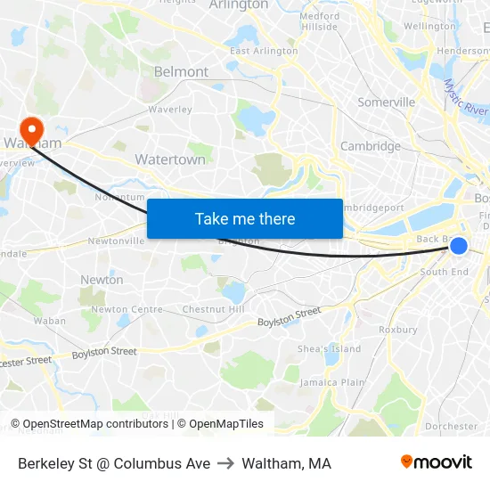 Berkeley St @ Columbus Ave to Waltham, MA map