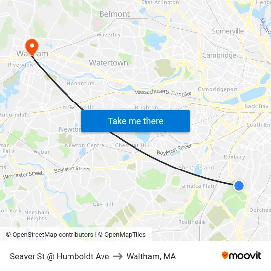 Seaver St @ Humboldt Ave to Waltham, MA map