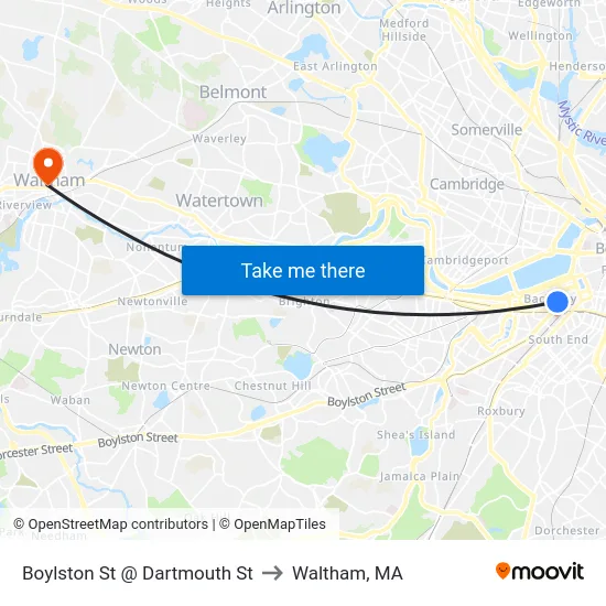 Boylston St @ Dartmouth St to Waltham, MA map