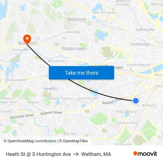 Heath St @ S Huntington Ave to Waltham, MA map