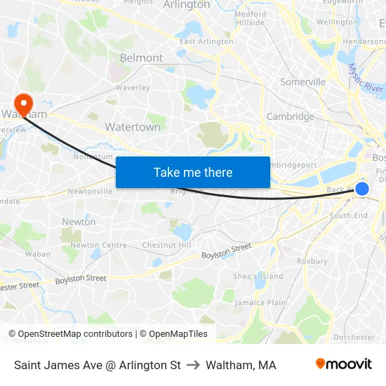 Saint James Ave @ Arlington St to Waltham, MA map