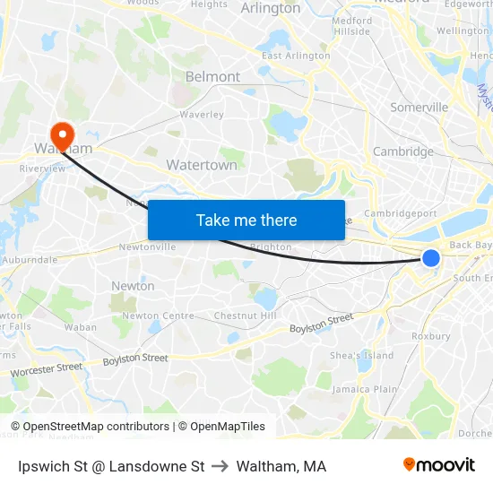 Ipswich St @ Lansdowne St to Waltham, MA map
